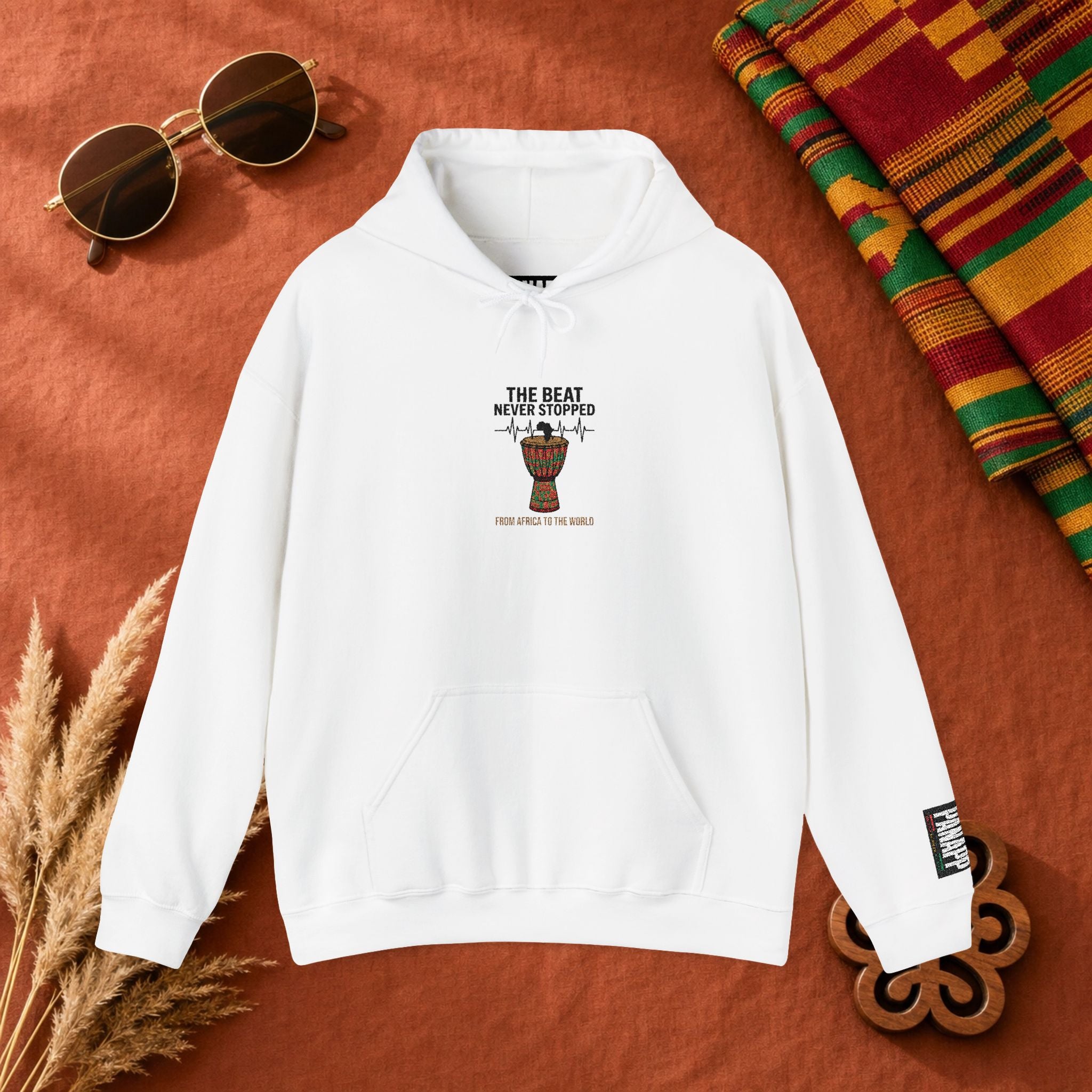Hoodie — 'African Drum | The Beat Never Stopped Tee | Djembe Heartbeat Music Design