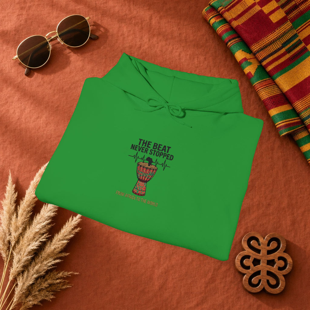 Hoodie — 'African Drum | The Beat Never Stopped Tee | Djembe Heartbeat Music Design