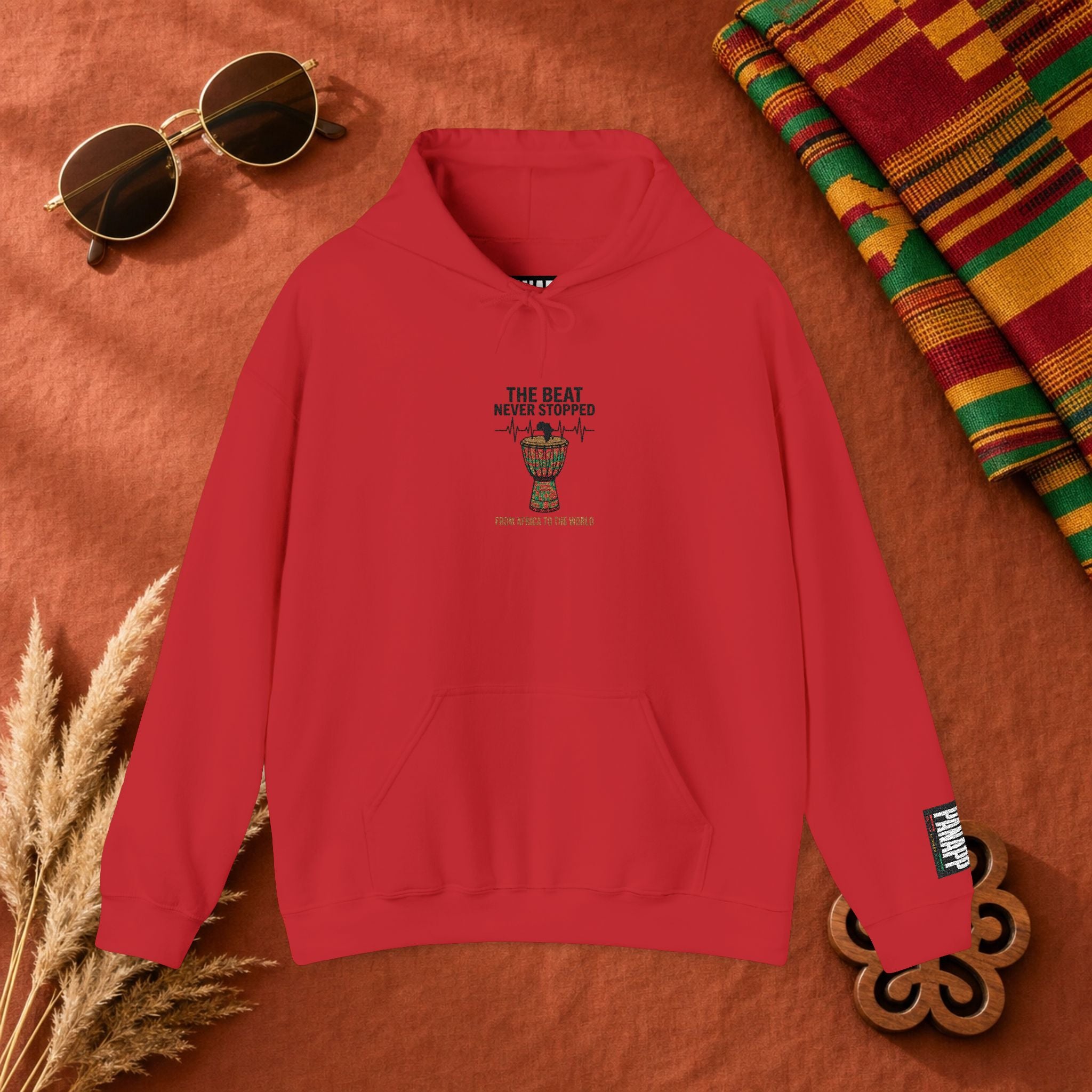 Hoodie — 'African Drum | The Beat Never Stopped Tee | Djembe Heartbeat Music Design