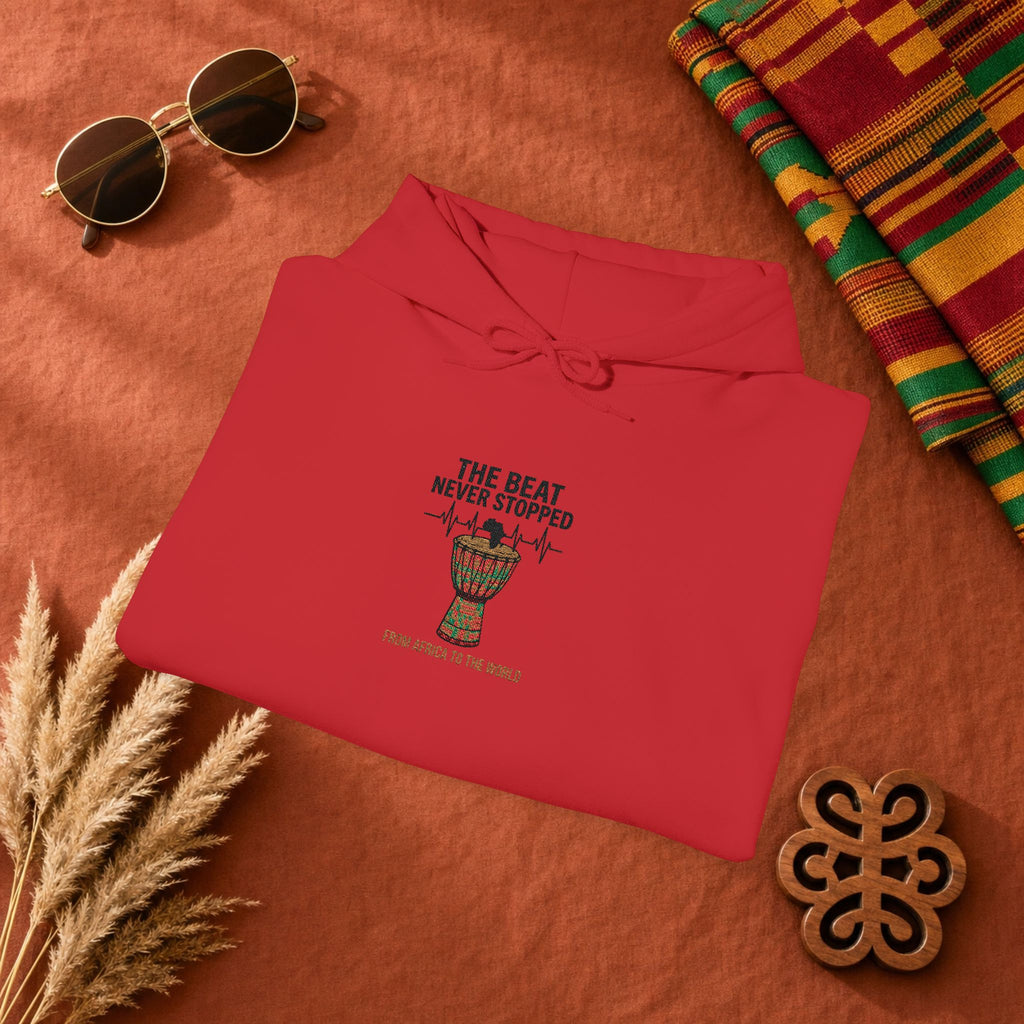 Hoodie — 'African Drum | The Beat Never Stopped Tee | Djembe Heartbeat Music Design