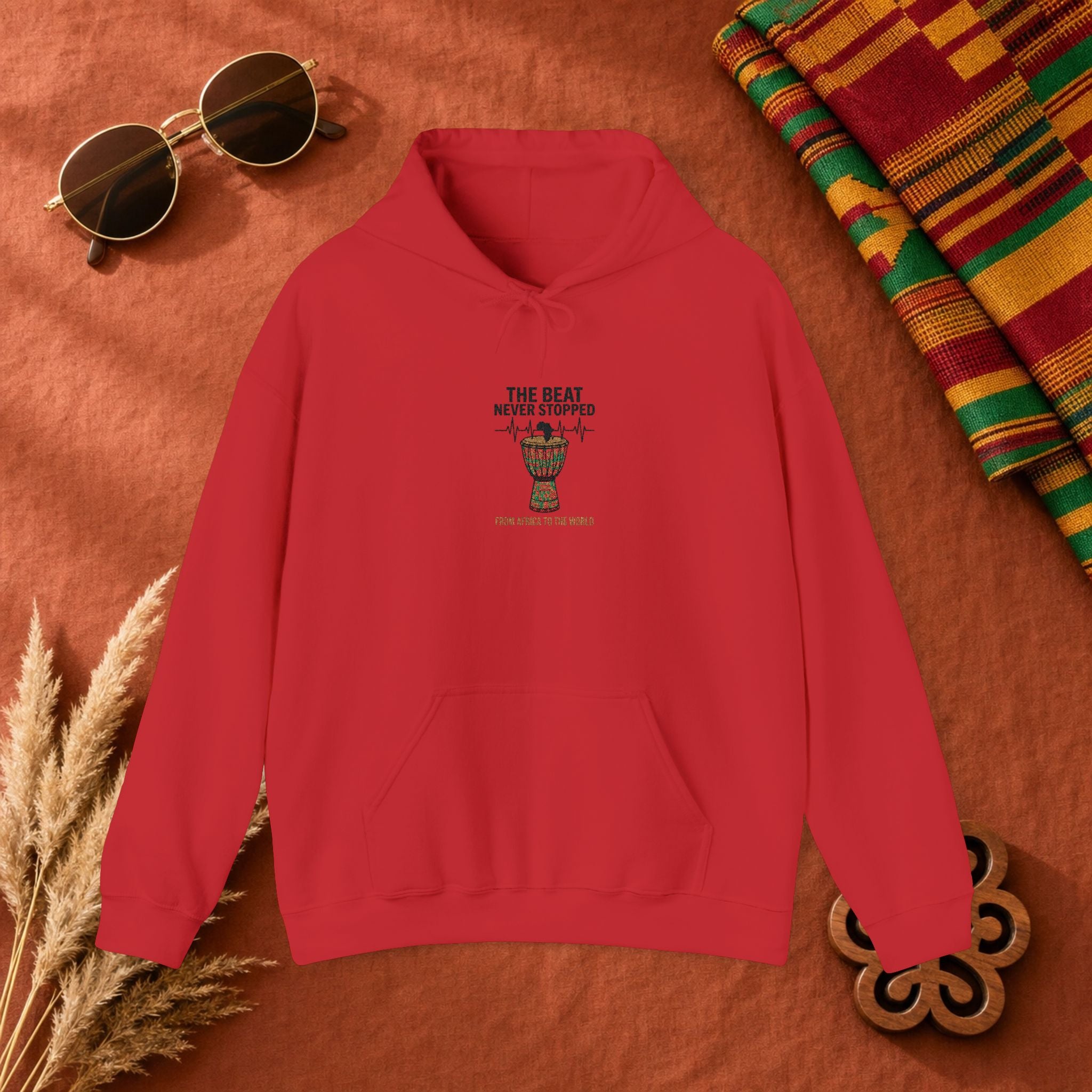 Hoodie — 'African Drum | The Beat Never Stopped Tee | Djembe Heartbeat Music Design