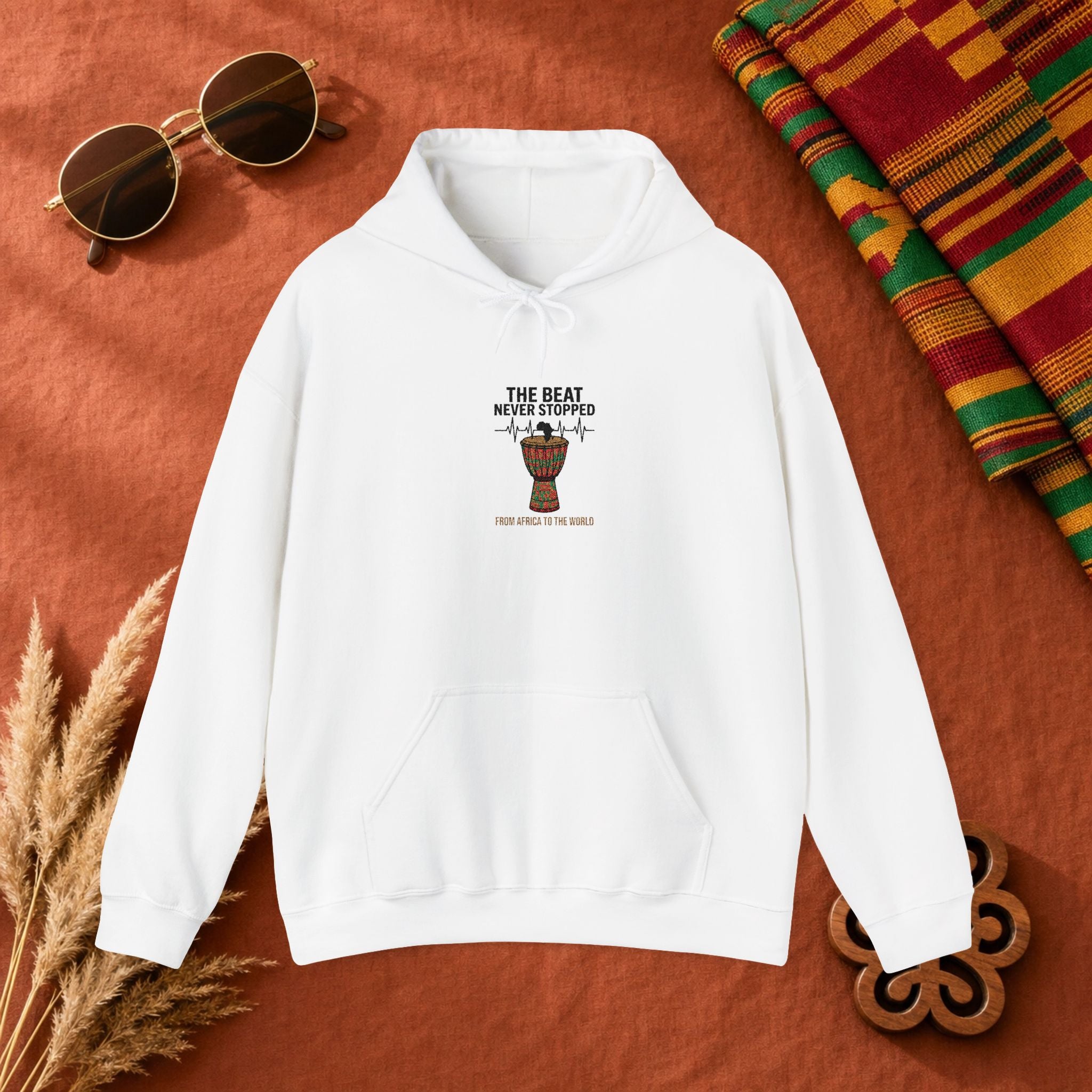 Hoodie — 'African Drum | The Beat Never Stopped Tee | Djembe Heartbeat Music Design