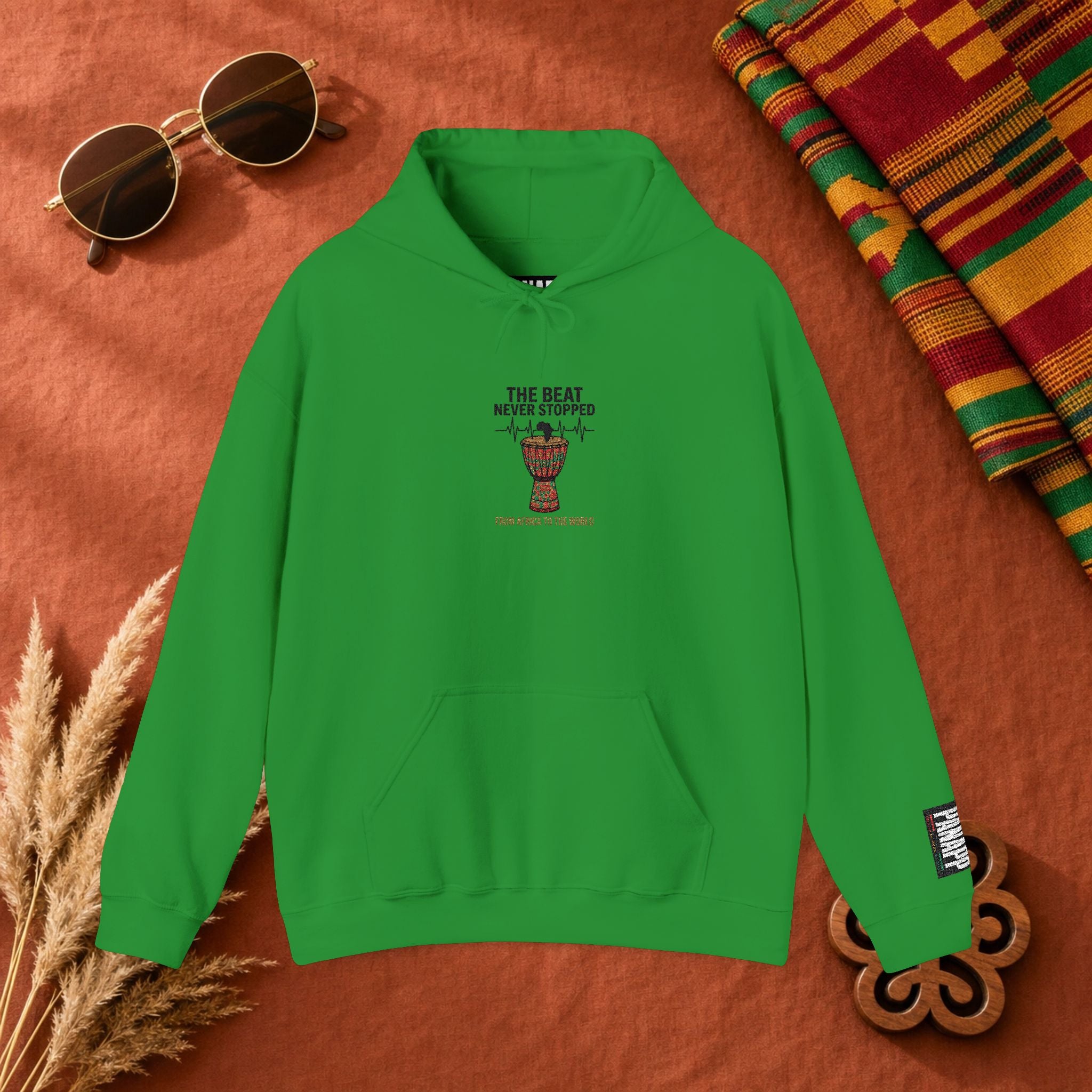 Hoodie — 'African Drum | The Beat Never Stopped Tee | Djembe Heartbeat Music Design
