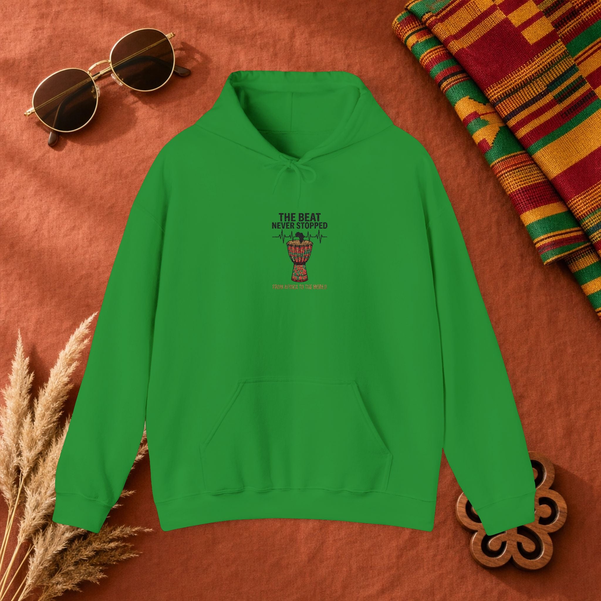Hoodie — 'African Drum | The Beat Never Stopped Tee | Djembe Heartbeat Music Design